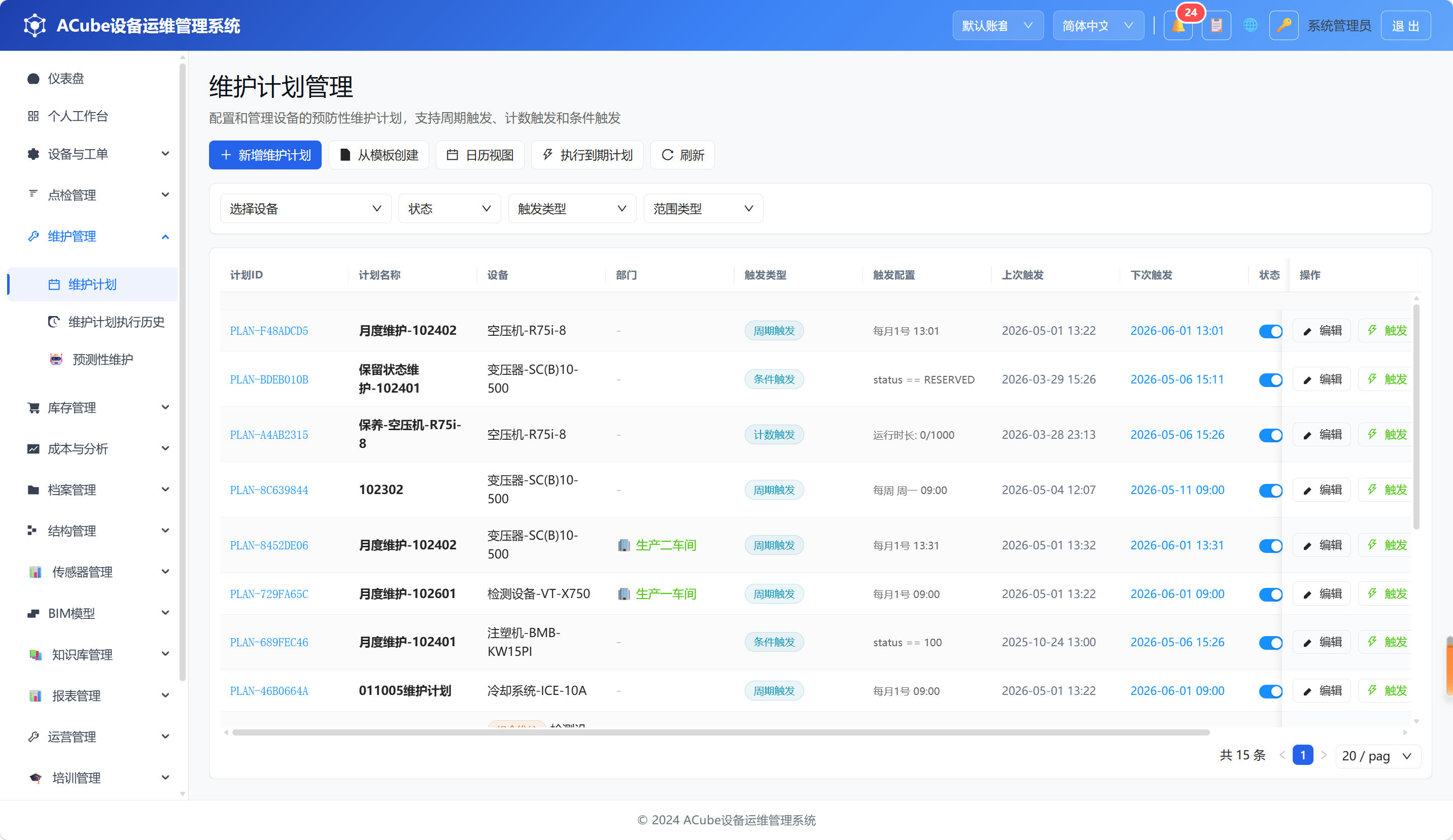 PC端维护计划-列表页面