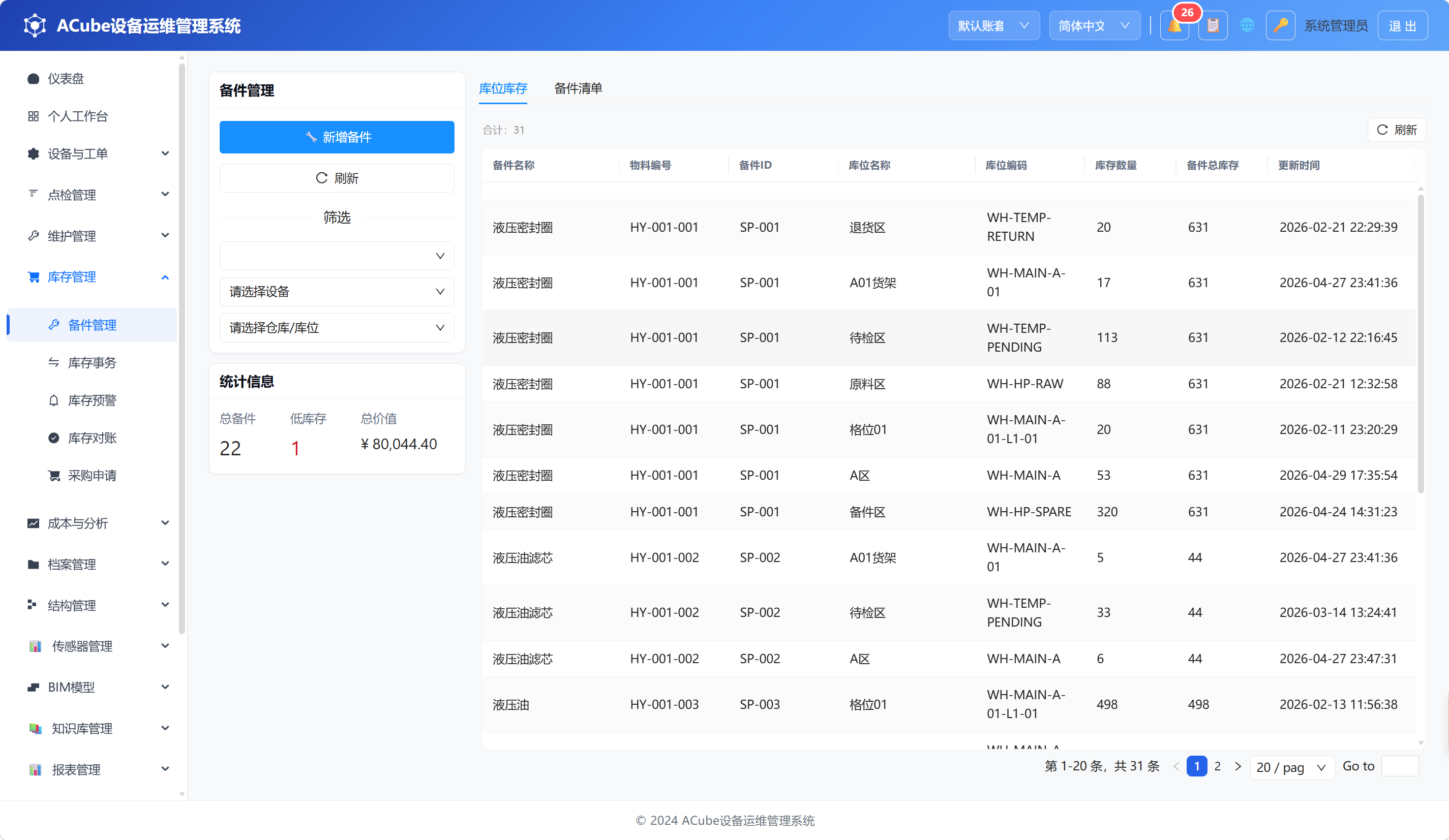 PC端备件管理-库位库存