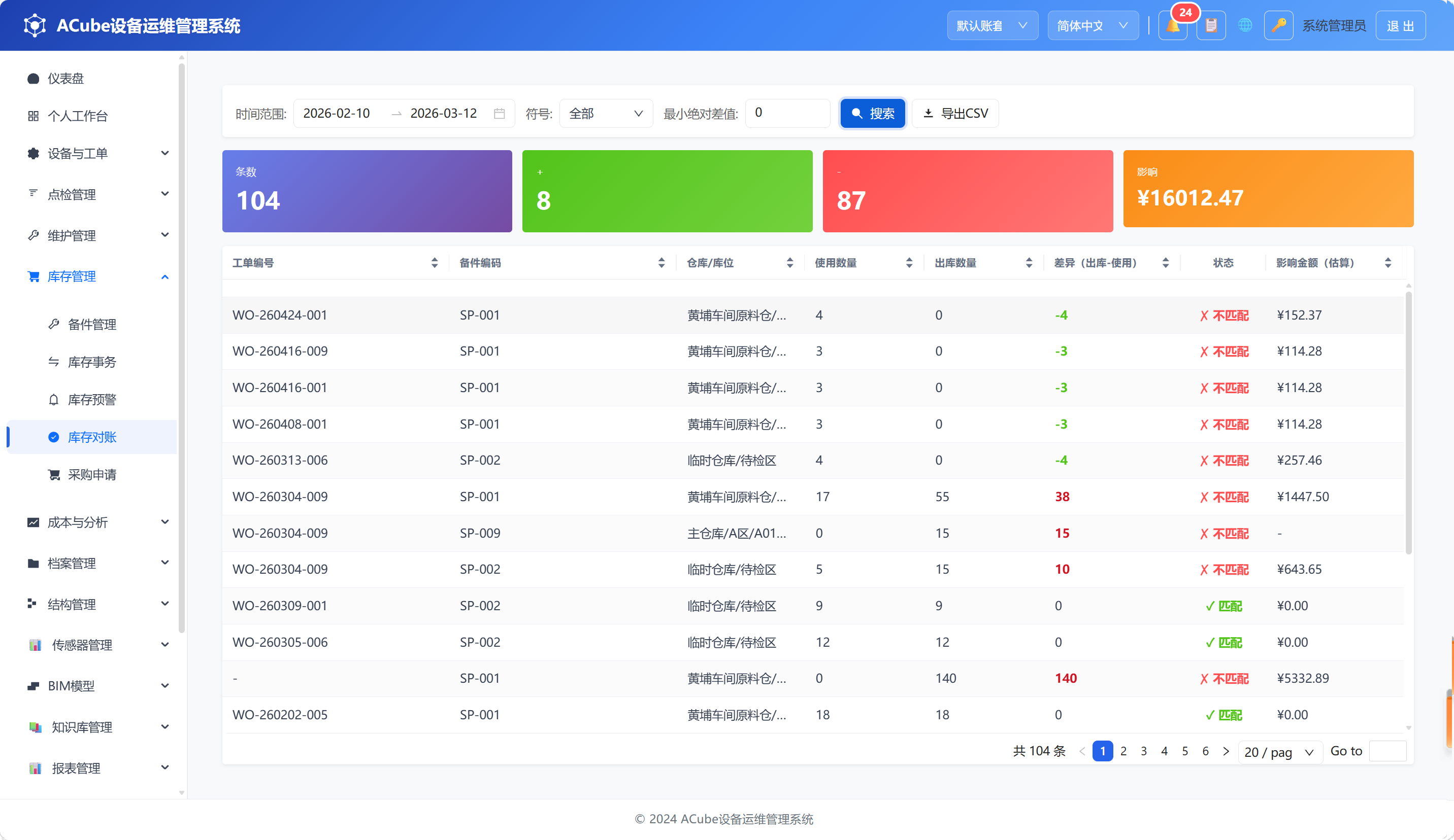 PC端库存对账-列表