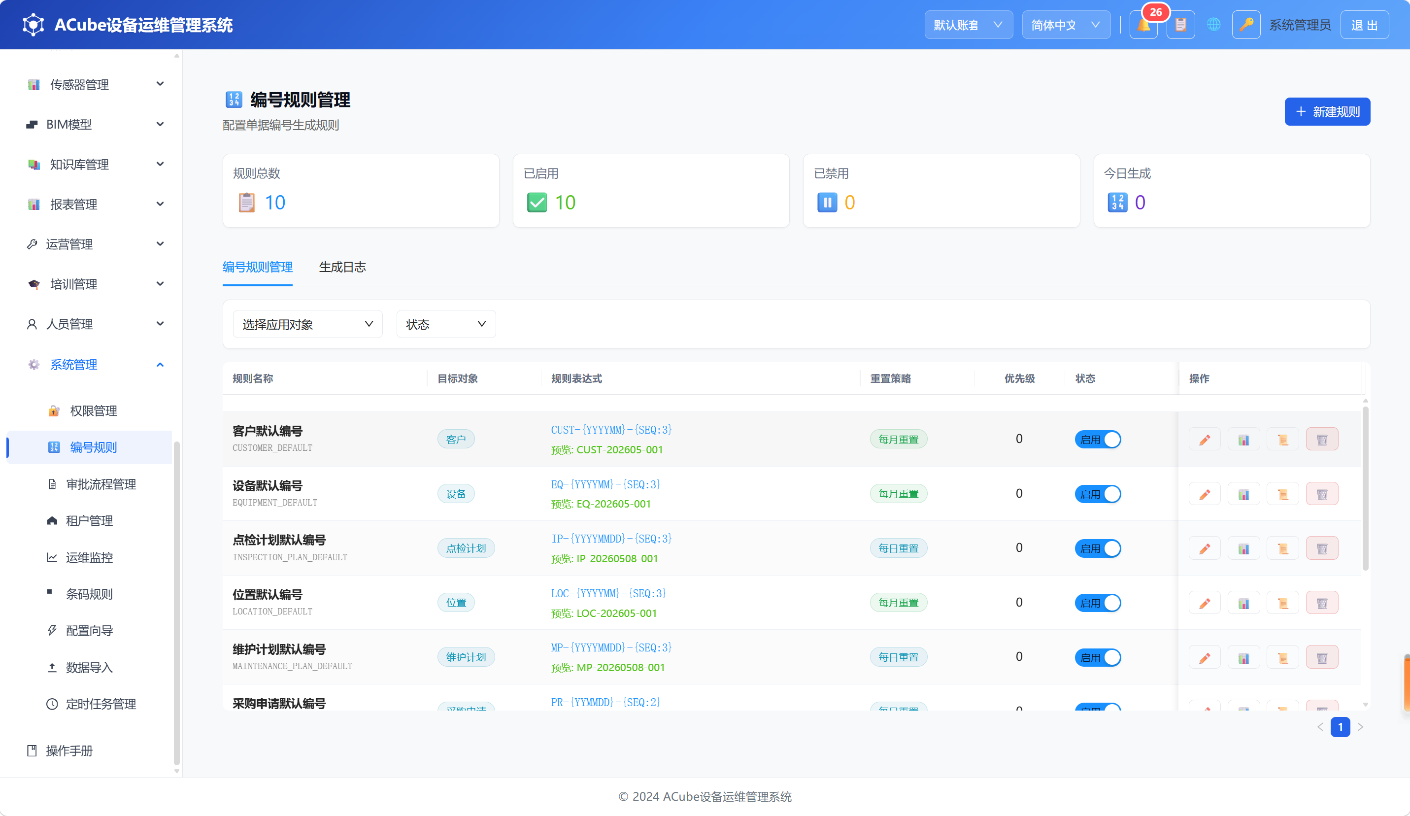 单据编号规则-列表